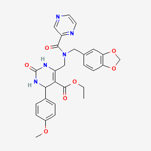 molecular formula C28H27N5O7 B4328391 ETHYL 6-({N-[(2H-1,3-BENZODIOXOL-5-YL)METHYL]-1-(PYRAZIN-2-YL)FORMAMIDO}METHYL)-4-(4-METHOXYPHENYL)-2-OXO-1,2,3,4-TETRAHYDROPYRIMIDINE-5-CARBOXYLATE 
