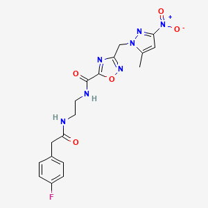 molecular formula C18H18FN7O5 B4328632 2-(4-FLUOROPHENYL)-N-[2-({3-[(5-METHYL-3-NITRO-1H-PYRAZOL-1-YL)METHYL]-1,2,4-OXADIAZOL-5-YL}FORMAMIDO)ETHYL]ACETAMIDE 
