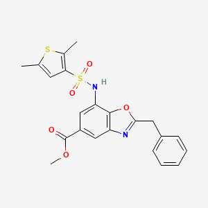 molecular formula C22H20N2O5S2 B4328707 METHYL 2-BENZYL-7-(2,5-DIMETHYLTHIOPHENE-3-SULFONAMIDO)-1,3-BENZOXAZOLE-5-CARBOXYLATE 