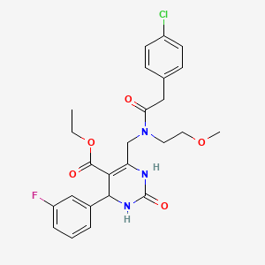molecular formula C25H27ClFN3O5 B4329390 ETHYL 6-{[2-(4-CHLOROPHENYL)-N-(2-METHOXYETHYL)ACETAMIDO]METHYL}-4-(3-FLUOROPHENYL)-2-OXO-1,2,3,4-TETRAHYDROPYRIMIDINE-5-CARBOXYLATE 