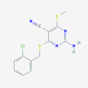 molecular formula C13H11ClN4S2 B433140 2-Amino-4-[(2-chlorobenzyl)sulfanyl]-6-(methylsulfanyl)pyrimidine-5-carbonitrile CAS No. 340807-78-5