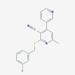 molecular formula C19H14FN3S B433148 2-[(3-Fluorophenyl)methylsulfanyl]-6-methyl-4-pyridin-3-ylpyridine-3-carbonitrile CAS No. 340808-13-1