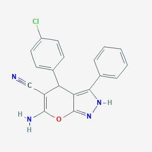 molecular formula C19H13ClN4O B433157 6-Amino-4-(4-chlorophenyl)-3-phenyl-1,4-dihydropyrano[2,3-c]pyrazole-5-carbonitrile CAS No. 168429-49-0