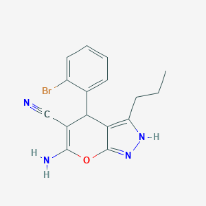 molecular formula C16H15BrN4O B433241 6-Amino-4-(2-bromophenyl)-3-propyl-1,4-dihydropyrano[2,3-c]pyrazole-5-carbonitrile CAS No. 315246-33-4