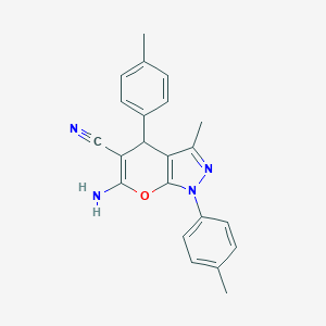 molecular formula C22H20N4O B433259 6-Amino-3-methyl-1,4-bis(4-methylphenyl)-1,4-dihydropyrano[2,3-c]pyrazole-5-carbonitrile CAS No. 445222-36-6