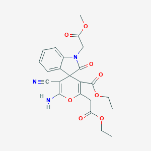 molecular formula C23H23N3O8 B433295 ethyl 6'-amino-5'-cyano-2'-(2-ethoxy-2-oxoethyl)-1-(2-methoxy-2-oxoethyl)-2-oxo-1,2-dihydrospiro[indole-3,4'-pyran]-3'-carboxylate CAS No. 445222-54-8