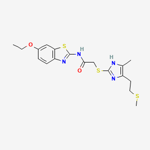molecular formula C18H22N4O2S3 B4332960 N-(6-ethoxy-1,3-benzothiazol-2-yl)-2-({4-methyl-5-[2-(methylsulfanyl)ethyl]-1H-imidazol-2-yl}sulfanyl)acetamide 