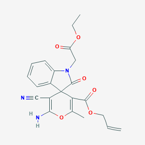 molecular formula C22H21N3O6 B433318 prop-2-en-1-yl 6'-amino-5'-cyano-1-(2-ethoxy-2-oxoethyl)-2'-methyl-2-oxo-1,2-dihydrospiro[indole-3,4'-pyran]-3'-carboxylate CAS No. 445222-84-4