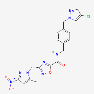 molecular formula C19H17ClN8O4 B4333270 N-({4-[(4-CHLORO-1H-PYRAZOL-1-YL)METHYL]PHENYL}METHYL)-3-[(5-METHYL-3-NITRO-1H-PYRAZOL-1-YL)METHYL]-1,2,4-OXADIAZOLE-5-CARBOXAMIDE 