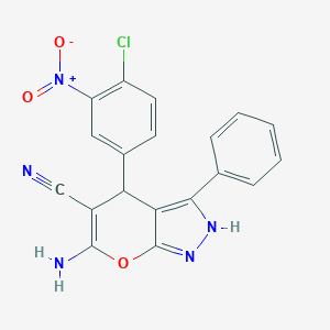 molecular formula C19H12ClN5O3 B433442 6-Amino-4-(4-chloro-3-nitrophenyl)-3-phenyl-1,4-dihydropyrano[2,3-c]pyrazole-5-carbonitrile CAS No. 327100-39-0