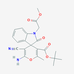 molecular formula C22H23N3O6 B433517 tert-butyl 6'-amino-5'-cyano-1-(2-methoxy-2-oxoethyl)-2'-methyl-2-oxo-1,2-dihydrospiro[indole-3,4'-pyran]-3'-carboxylate CAS No. 445222-93-5