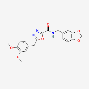 molecular formula C20H19N3O6 B4335192 N-[(2H-1,3-BENZODIOXOL-5-YL)METHYL]-5-[(3,4-DIMETHOXYPHENYL)METHYL]-1,3,4-OXADIAZOLE-2-CARBOXAMIDE 