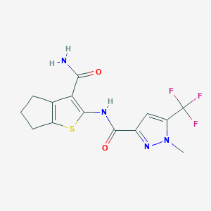 molecular formula C14H13F3N4O2S B4335743 N-[3-(AMINOCARBONYL)-5,6-DIHYDRO-4H-CYCLOPENTA[B]THIOPHEN-2-YL]-1-METHYL-5-(TRIFLUOROMETHYL)-1H-PYRAZOLE-3-CARBOXAMIDE 