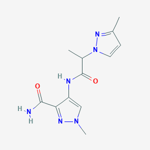 molecular formula C12H16N6O2 B4340641 1-methyl-4-{[2-(3-methyl-1H-pyrazol-1-yl)propanoyl]amino}-1H-pyrazole-3-carboxamide 
