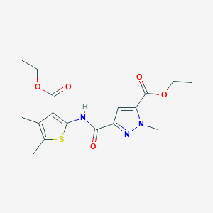 molecular formula C17H21N3O5S B4341683 ethyl 3-({[3-(ethoxycarbonyl)-4,5-dimethyl-2-thienyl]amino}carbonyl)-1-methyl-1H-pyrazole-5-carboxylate 