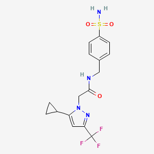 molecular formula C16H17F3N4O3S B4343096 N-[4-(aminosulfonyl)benzyl]-2-[5-cyclopropyl-3-(trifluoromethyl)-1H-pyrazol-1-yl]acetamide 
