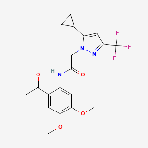 molecular formula C19H20F3N3O4 B4343857 N-(2-acetyl-4,5-dimethoxyphenyl)-2-[5-cyclopropyl-3-(trifluoromethyl)-1H-pyrazol-1-yl]acetamide 