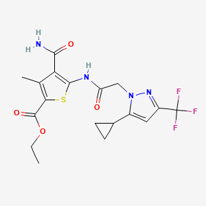 molecular formula C18H19F3N4O4S B4344150 ETHYL 4-(AMINOCARBONYL)-5-({2-[5-CYCLOPROPYL-3-(TRIFLUOROMETHYL)-1H-PYRAZOL-1-YL]ACETYL}AMINO)-3-METHYL-2-THIOPHENECARBOXYLATE 