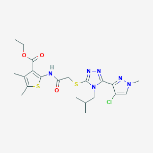 molecular formula C21H27ClN6O3S2 B4344168 ETHYL 2-[(2-{[5-(4-CHLORO-1-METHYL-1H-PYRAZOL-3-YL)-4-ISOBUTYL-4H-1,2,4-TRIAZOL-3-YL]SULFANYL}ACETYL)AMINO]-4,5-DIMETHYL-3-THIOPHENECARBOXYLATE 