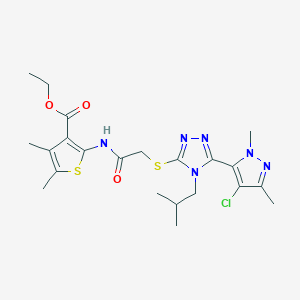 molecular formula C22H29ClN6O3S2 B4344327 ETHYL 2-[(2-{[5-(4-CHLORO-1,3-DIMETHYL-1H-PYRAZOL-5-YL)-4-ISOBUTYL-4H-1,2,4-TRIAZOL-3-YL]SULFANYL}ACETYL)AMINO]-4,5-DIMETHYL-3-THIOPHENECARBOXYLATE 