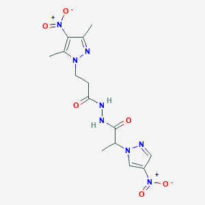 molecular formula C14H18N8O6 B4344619 N-[3-(3,5-DIMETHYL-4-NITRO-1H-PYRAZOL-1-YL)PROPANOYL]-2-(4-NITRO-1H-PYRAZOL-1-YL)PROPANOHYDRAZIDE 