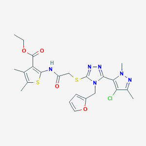 molecular formula C23H25ClN6O4S2 B4344972 ETHYL 2-[(2-{[5-(4-CHLORO-1,3-DIMETHYL-1H-PYRAZOL-5-YL)-4-(2-FURYLMETHYL)-4H-1,2,4-TRIAZOL-3-YL]SULFANYL}ACETYL)AMINO]-4,5-DIMETHYL-3-THIOPHENECARBOXYLATE 