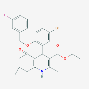 molecular formula C28H29BrFNO4 B4345142 ethyl 4-{5-bromo-2-[(3-fluorobenzyl)oxy]phenyl}-2,7,7-trimethyl-5-oxo-1,4,5,6,7,8-hexahydro-3-quinolinecarboxylate 