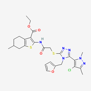 molecular formula C26H29ClN6O4S2 B4345678 ETHYL 2-[(2-{[5-(4-CHLORO-1,3-DIMETHYL-1H-PYRAZOL-5-YL)-4-(2-FURYLMETHYL)-4H-1,2,4-TRIAZOL-3-YL]SULFANYL}ACETYL)AMINO]-6-METHYL-4,5,6,7-TETRAHYDRO-1-BENZOTHIOPHENE-3-CARBOXYLATE 