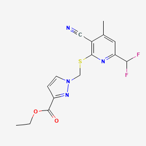 molecular formula C15H14F2N4O2S B4345992 ETHYL 1-({[3-CYANO-6-(DIFLUOROMETHYL)-4-METHYL-2-PYRIDYL]SULFANYL}METHYL)-1H-PYRAZOLE-3-CARBOXYLATE 