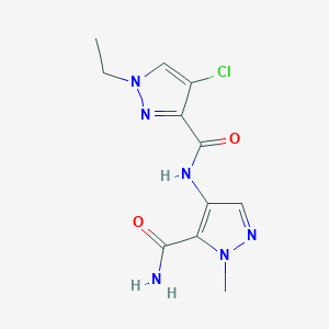 molecular formula C11H13ClN6O2 B4346469 N-[5-(aminocarbonyl)-1-methyl-1H-pyrazol-4-yl]-4-chloro-1-ethyl-1H-pyrazole-3-carboxamide 