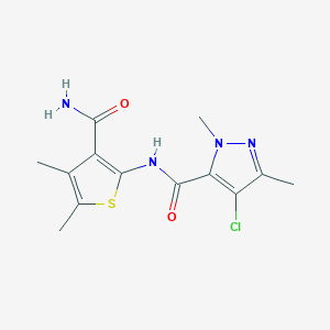 molecular formula C13H15ClN4O2S B4346525 N-[3-(aminocarbonyl)-4,5-dimethyl-2-thienyl]-4-chloro-1,3-dimethyl-1H-pyrazole-5-carboxamide 