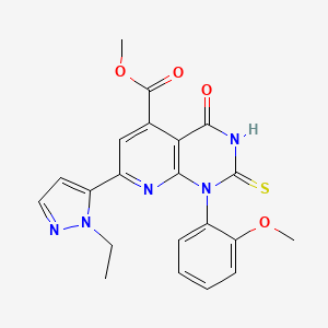 molecular formula C21H19N5O4S B4351073 methyl 7-(1-ethyl-1H-pyrazol-5-yl)-1-(2-methoxyphenyl)-4-oxo-2-sulfanyl-1,4-dihydropyrido[2,3-d]pyrimidine-5-carboxylate 