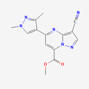 molecular formula C14H12N6O2 B4353901 methyl 3-cyano-5-(1,3-dimethyl-1H-pyrazol-4-yl)pyrazolo[1,5-a]pyrimidine-7-carboxylate 