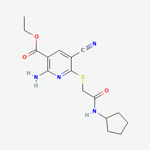 molecular formula C16H20N4O3S B4354549 ethyl 2-amino-5-cyano-6-{[2-(cyclopentylamino)-2-oxoethyl]thio}nicotinate 