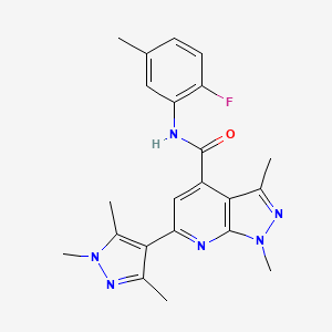 molecular formula C22H23FN6O B4354890 N-(2-fluoro-5-methylphenyl)-1,3-dimethyl-6-(1,3,5-trimethyl-1H-pyrazol-4-yl)-1H-pyrazolo[3,4-b]pyridine-4-carboxamide 