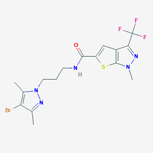 molecular formula C16H17BrF3N5OS B4355298 N-[3-(4-bromo-3,5-dimethyl-1H-pyrazol-1-yl)propyl]-1-methyl-3-(trifluoromethyl)-1H-thieno[2,3-c]pyrazole-5-carboxamide 