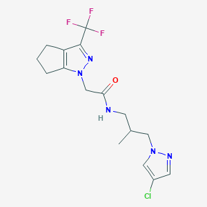 molecular formula C16H19ClF3N5O B4355556 N-[3-(4-chloro-1H-pyrazol-1-yl)-2-methylpropyl]-2-[3-(trifluoromethyl)-5,6-dihydrocyclopenta[c]pyrazol-1(4H)-yl]acetamide 