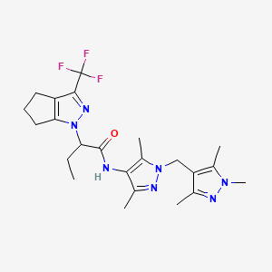 molecular formula C23H30F3N7O B4355560 N-{3,5-dimethyl-1-[(1,3,5-trimethyl-1H-pyrazol-4-yl)methyl]-1H-pyrazol-4-yl}-2-[3-(trifluoromethyl)-5,6-dihydrocyclopenta[c]pyrazol-1(4H)-yl]butanamide 