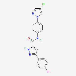 molecular formula C19H13ClFN5O B4355803 N-[4-(4-chloro-1H-pyrazol-1-yl)phenyl]-5-(4-fluorophenyl)-1H-pyrazole-3-carboxamide 