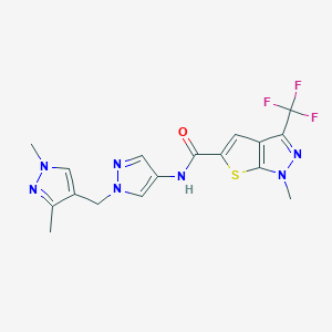 molecular formula C17H16F3N7OS B4355903 N~5~-{1-[(1,3-DIMETHYL-1H-PYRAZOL-4-YL)METHYL]-1H-PYRAZOL-4-YL}-1-METHYL-3-(TRIFLUOROMETHYL)-1H-THIENO[2,3-C]PYRAZOLE-5-CARBOXAMIDE 