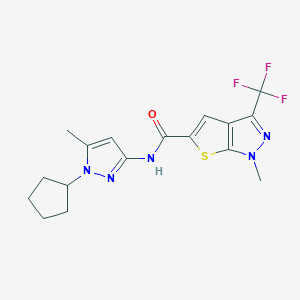 molecular formula C17H18F3N5OS B4355930 N-(1-cyclopentyl-5-methyl-1H-pyrazol-3-yl)-1-methyl-3-(trifluoromethyl)-1H-thieno[2,3-c]pyrazole-5-carboxamide 