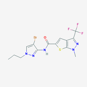molecular formula C14H13BrF3N5OS B4355942 N-(4-bromo-1-propyl-1H-pyrazol-3-yl)-1-methyl-3-(trifluoromethyl)-1H-thieno[2,3-c]pyrazole-5-carboxamide 