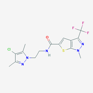 molecular formula C15H15ClF3N5OS B4355955 N~5~-[2-(4-CHLORO-3,5-DIMETHYL-1H-PYRAZOL-1-YL)ETHYL]-1-METHYL-3-(TRIFLUOROMETHYL)-1H-THIENO[2,3-C]PYRAZOLE-5-CARBOXAMIDE 