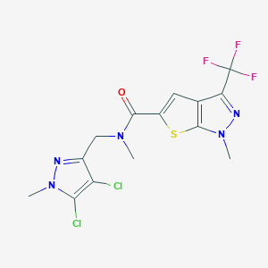 molecular formula C14H12Cl2F3N5OS B4355974 N-[(4,5-dichloro-1-methyl-1H-pyrazol-3-yl)methyl]-N,1-dimethyl-3-(trifluoromethyl)-1H-thieno[2,3-c]pyrazole-5-carboxamide 
