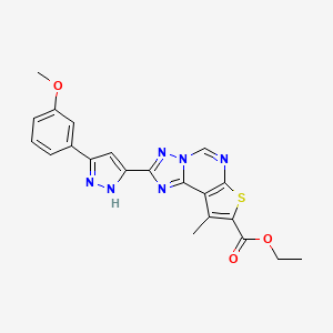 molecular formula C21H18N6O3S B4356371 ethyl 2-[5-(3-methoxyphenyl)-1H-pyrazol-3-yl]-9-methylthieno[3,2-e][1,2,4]triazolo[1,5-c]pyrimidine-8-carboxylate 