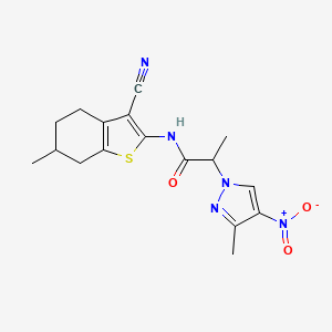 molecular formula C17H19N5O3S B4356694 N-(3-cyano-6-methyl-4,5,6,7-tetrahydro-1-benzothiophen-2-yl)-2-(3-methyl-4-nitro-1H-pyrazol-1-yl)propanamide 
