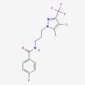 molecular formula C15H14ClF4N3O B4357593 N-{3-[4-chloro-5-methyl-3-(trifluoromethyl)-1H-pyrazol-1-yl]propyl}-4-fluorobenzamide 
