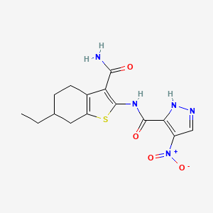 molecular formula C15H17N5O4S B4358660 N-[3-(AMINOCARBONYL)-6-ETHYL-4,5,6,7-TETRAHYDRO-1-BENZOTHIOPHEN-2-YL]-4-NITRO-1H-PYRAZOLE-3-CARBOXAMIDE 