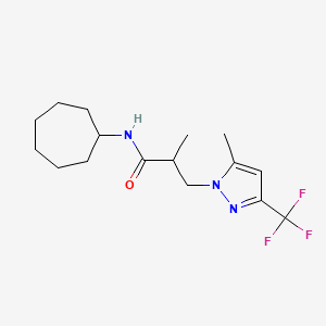molecular formula C16H24F3N3O B4358771 N-cycloheptyl-2-methyl-3-[5-methyl-3-(trifluoromethyl)-1H-pyrazol-1-yl]propanamide 