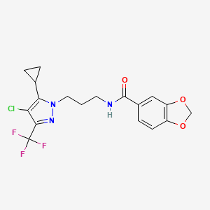molecular formula C18H17ClF3N3O3 B4360521 N-{3-[4-chloro-5-cyclopropyl-3-(trifluoromethyl)-1H-pyrazol-1-yl]propyl}-1,3-benzodioxole-5-carboxamide 